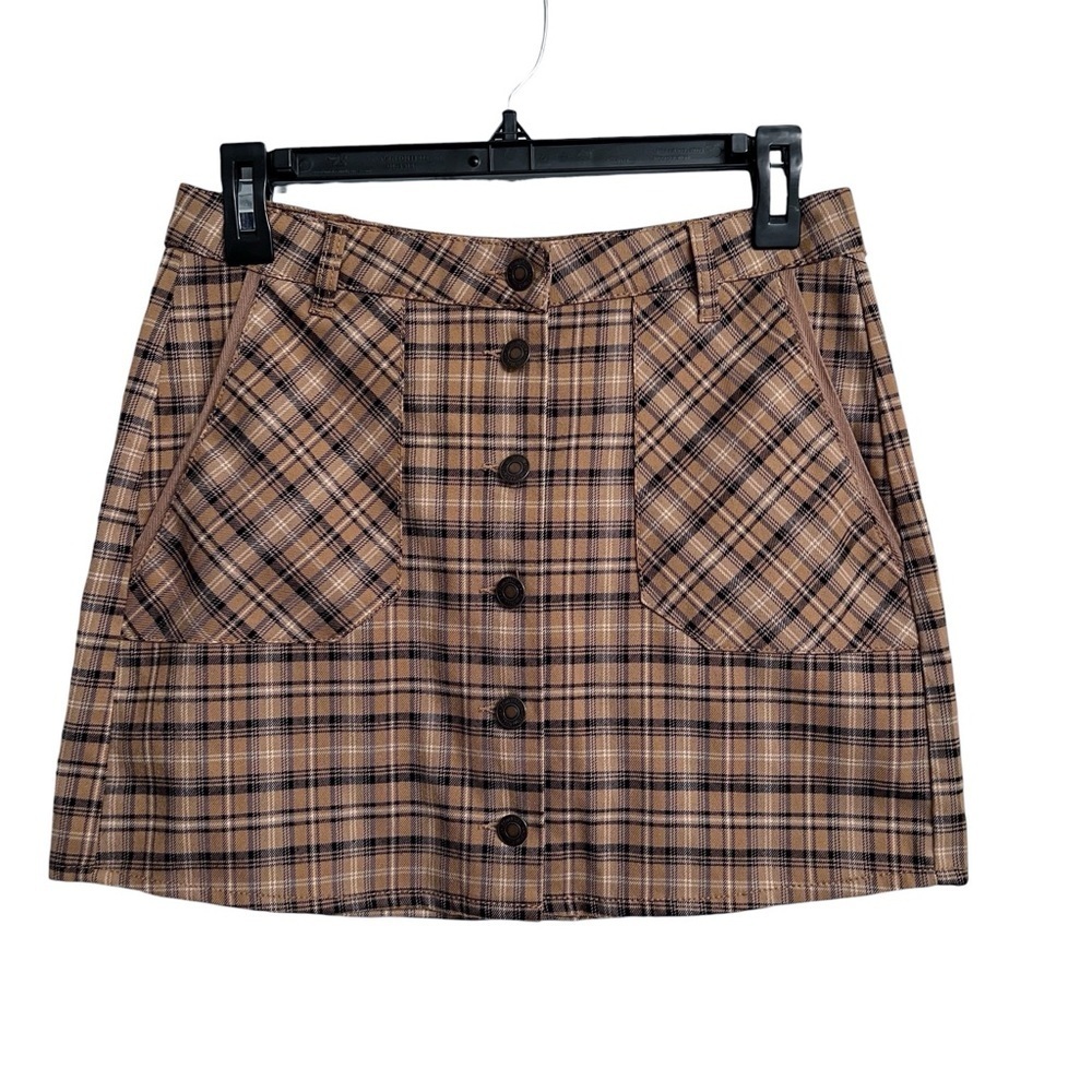 Y2K Academia Preppy Plaid Mini Skirt by Sky and Sparrow Tan and Black Size 7 - Picture 2 of 5